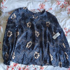 Navy Floral Long Sleeve Blouse with Cream Accents